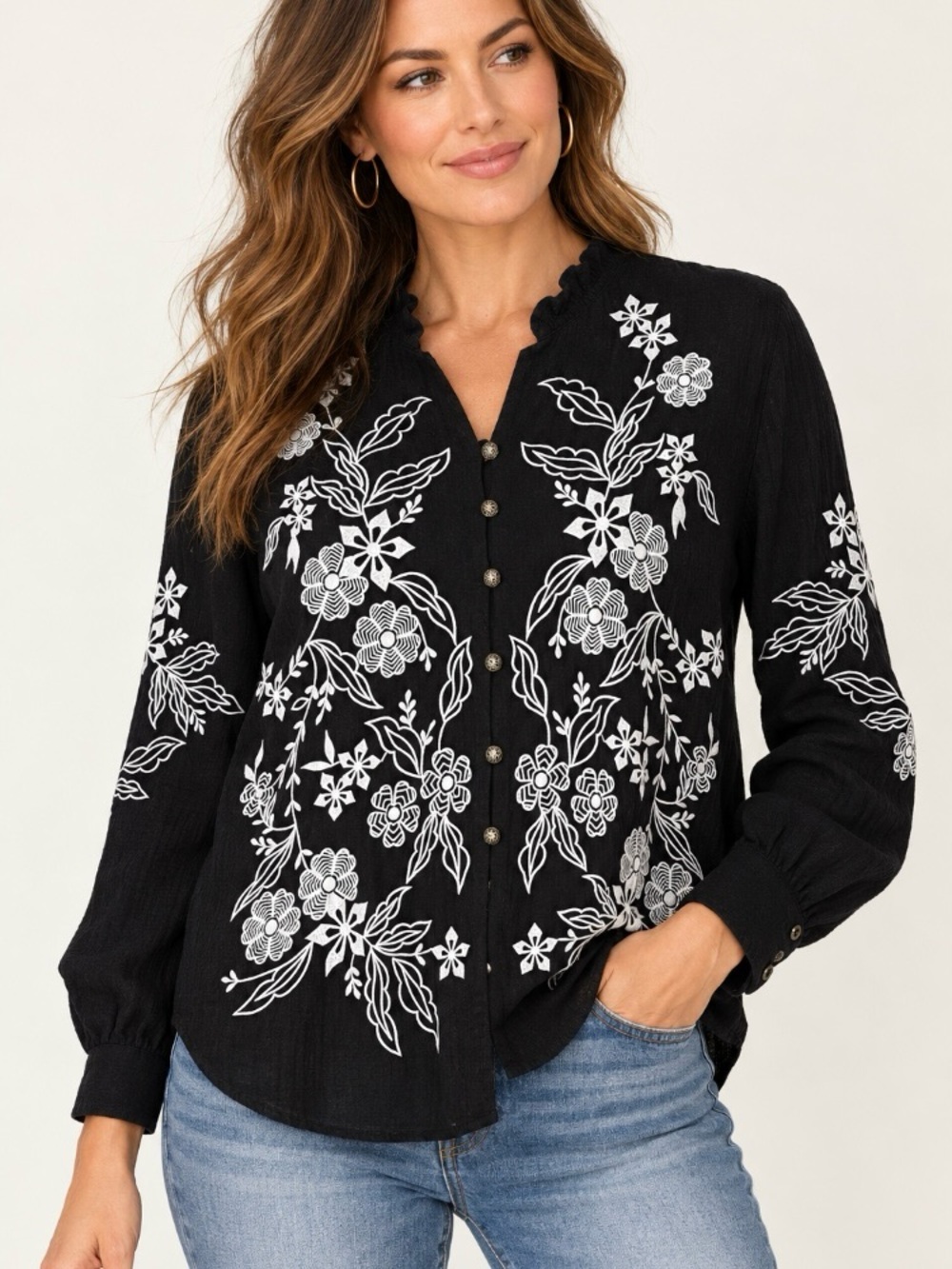 Calypso St. Barth 100% Linen Embroidered Floral Blouse Black White M